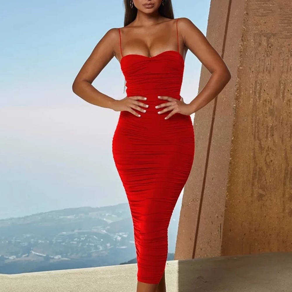 Spaghetti Strap Ruched Dresses Women Bodycon Dress
